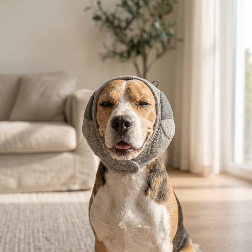 Orejeras calmantes anti-ruido Calmora puestas en un perro