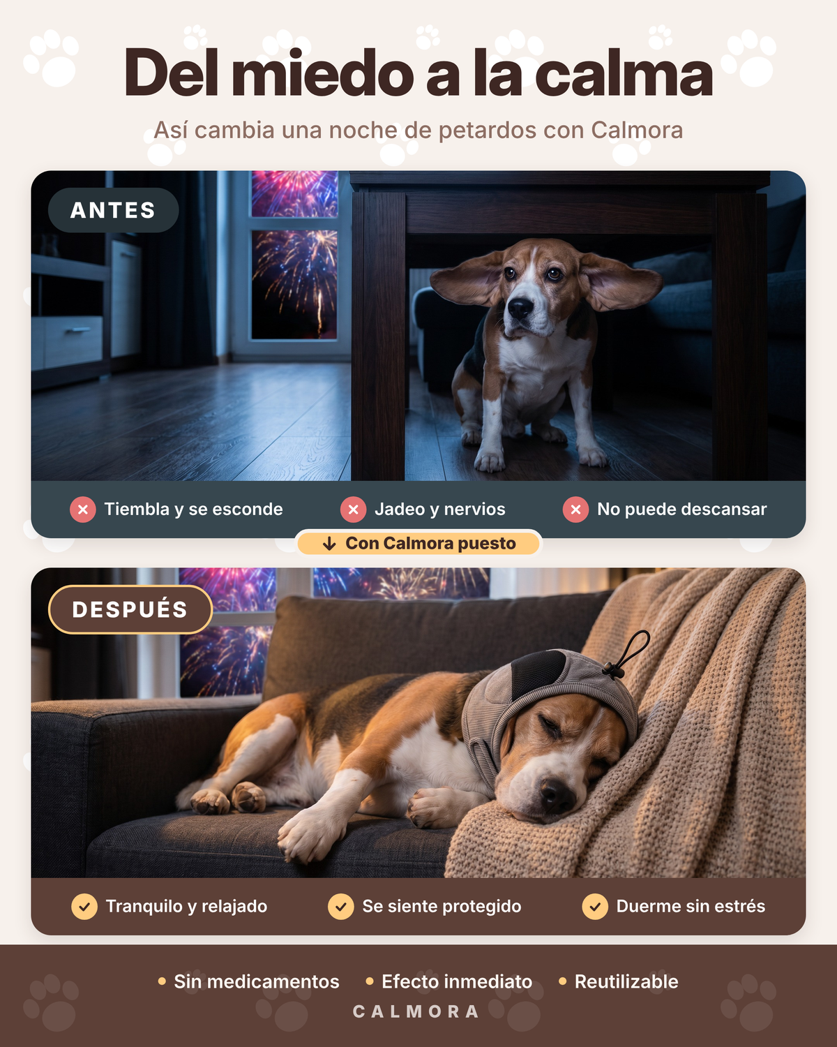 Antes y después: perro con miedo a los petardos y perro tranquilo con Calmora